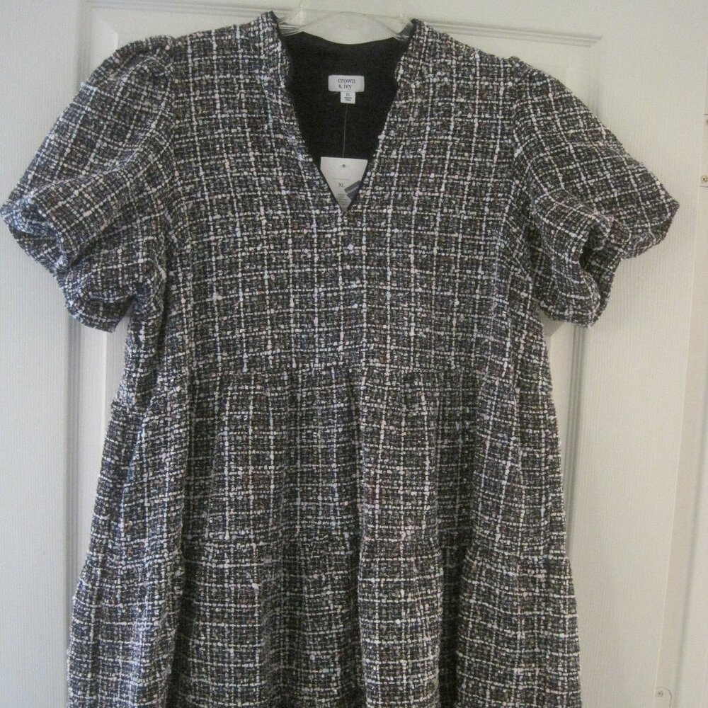 CROWN & IVY HARBOR NAVY TWEED TIERED SHORT SLEEVE DRESS XL NWT $99.50